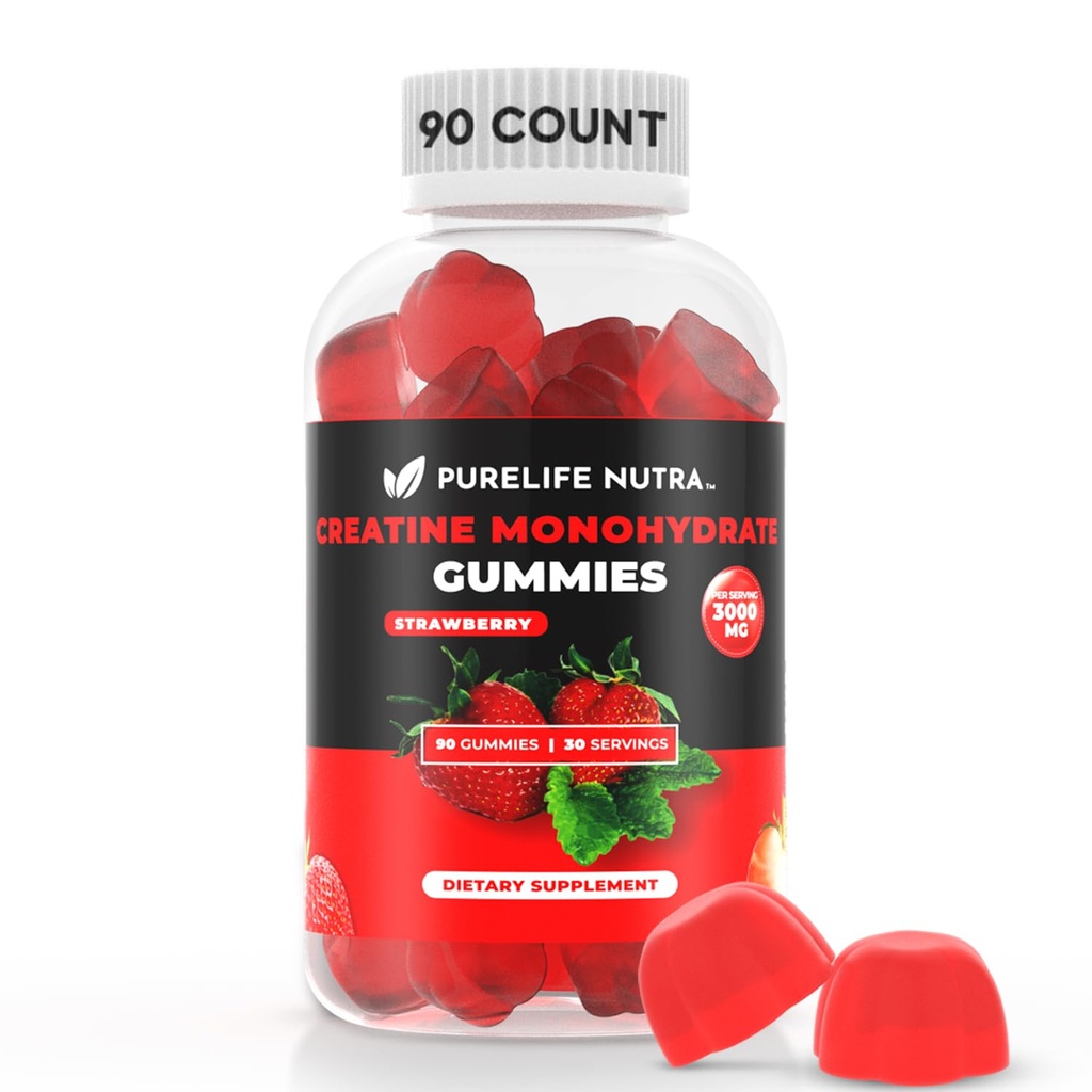 Creatinine Monohydrat Gummies - 3g Servering, Sukker fri, 90 Greve, Non- GMO, Designet til mænd og kvinder, Gluten fri, Ikke Bloating - Vegan, Halal, Kosher. (90 Enheder, Jordbær)