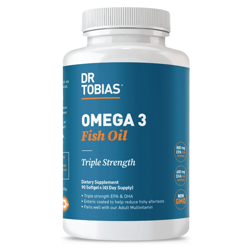 Dr. Tobias Omega 3 Fish Oil, 2000mg Triple Strength with 800mg EPA 600mg DHA Per Serving, Fish Oil Omega 3 Kosttilskud til hjerte, hjerne & immunforsvar, 90 Softgels, 45 Servere