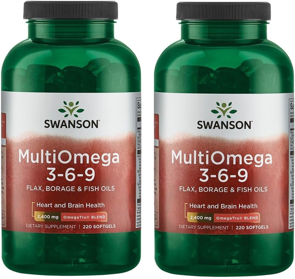 Swanson MultiOmega 3-6-9 - Non-GMO hør, Borage & Fish Oil Kapsler - Væsentlige fedtsyrer støtte hjerte-kar-sundhed & hjerne sundhed - (220 Softgels, 2400mg Servering) 2 flasker