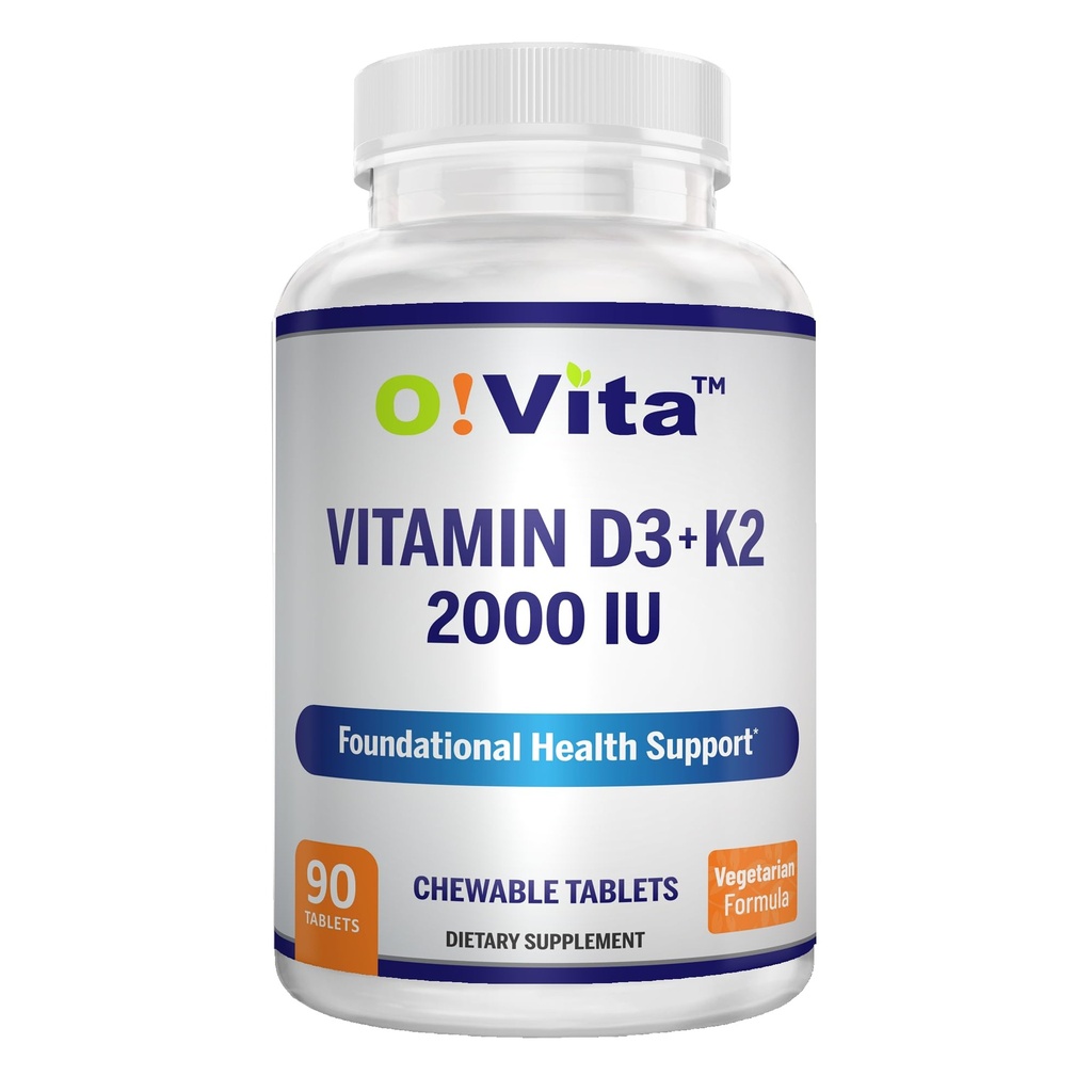 D3- vitamin + K2 2000IE tyggetabletter til benhelbredskontrol, 90 vegetariske tyggetabletter, op til 3 måneders forsyning
