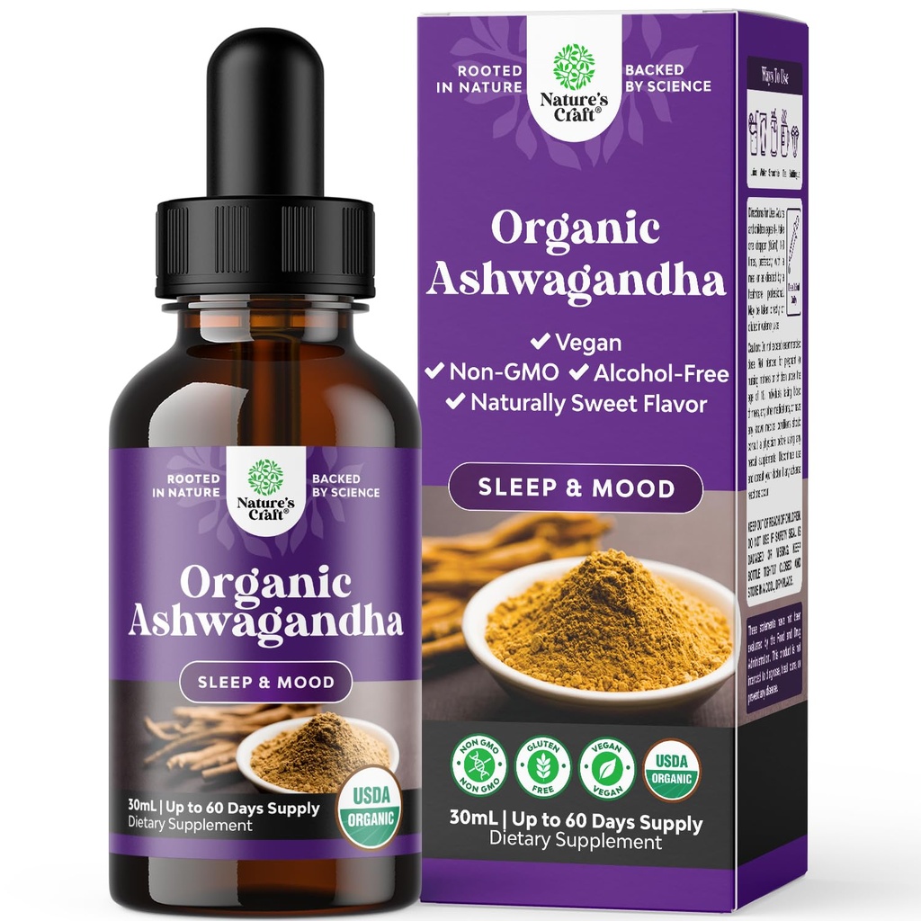 USDA Organic Ashwagandha Liquid Drops - Ashwagandha Root Extract for Stress and Mood Support - Lækre Pure Adaptogen Drops til voksne - Alkohol- Gratis urteformede tinktur til hvile - 30 ml flaske
