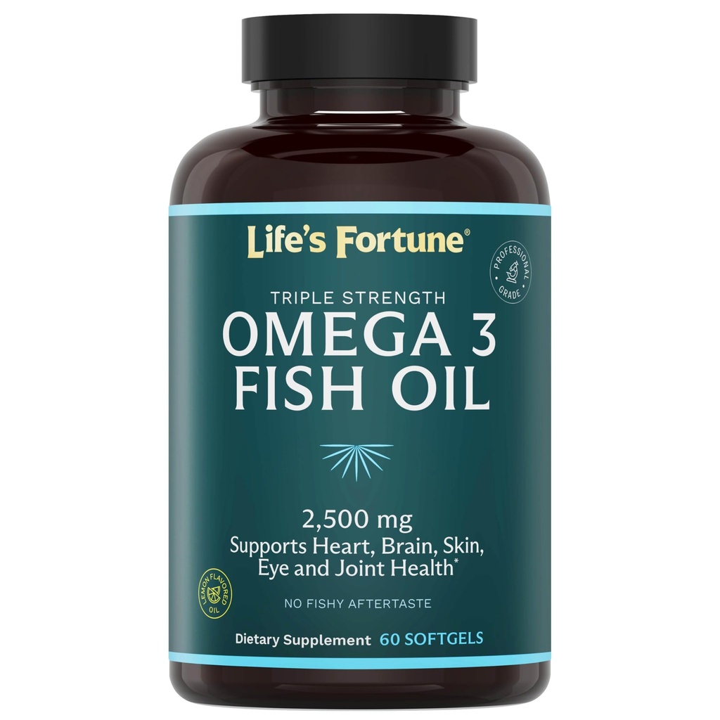 Livets Fortune Fish Oil Omega 3 Koncentrat Supplement 2500 mg, 60 Softgels, High Potency, EPA & DHA Fede Acid - Heart, Brain, Skin, Joints - Ikke GMO