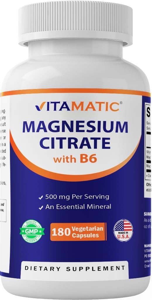 Vitamatisk Magnesium Citrate 500mg per servering - 180 Vegetariske kapsler (giver 150 mg af elementært Magnesium) - Tilføjet B6 for maksimal absorption - understøtter muskel, fælles og hjerte sundhed *