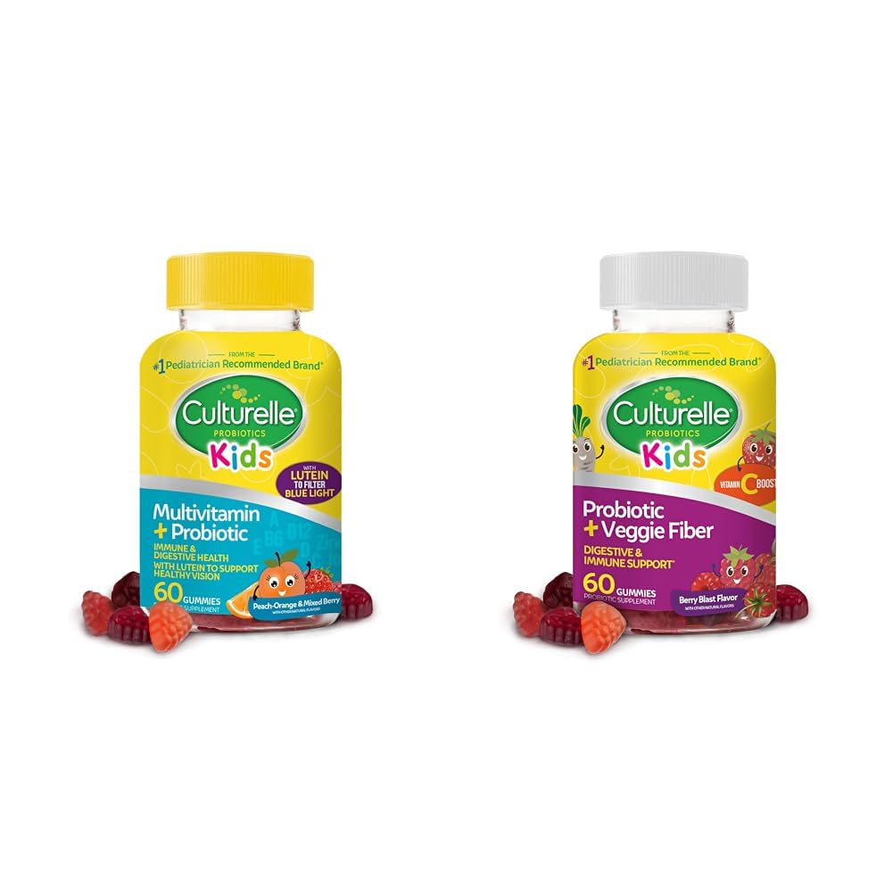 Kulturelle Kids Probiotiske Gummier for Age 2 + - Peach- Orange & blandet Berry Flavors & Daglige Probiotika for Kids + Veggie Fiber Gummies (Age 3 +) - 60 Greve - fordøjelsesbesvær