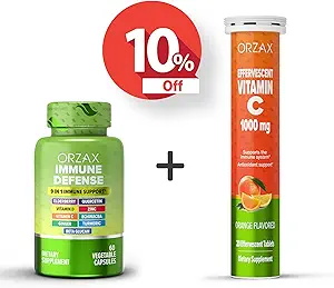 ORZAX immunforsvar 9- in-1 Supplement 60 Vegaserbare kapsler og vitamin C 1000mg 20 Effervesant tabletter, Bundle