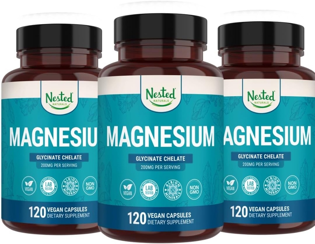 Nested Naturals Magnesium Glycinate Chelate Dexate 124; Magnesium Supplement for Muskelkramper, Afslapning, & Sleep Support Dexation 124; 100% Chelated Albion TRACS Buffered Magnesium Glycinate 200mg