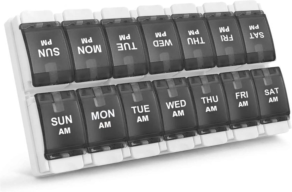 Sukuos AM PM Weekly 7 Day Pill Organizer, 2 Times A Day Pill Box with Arthritis Friendly Push Button, Medicine Cases for Vitamin/Fish Oil/Supplements, Easy to Clean (Black)