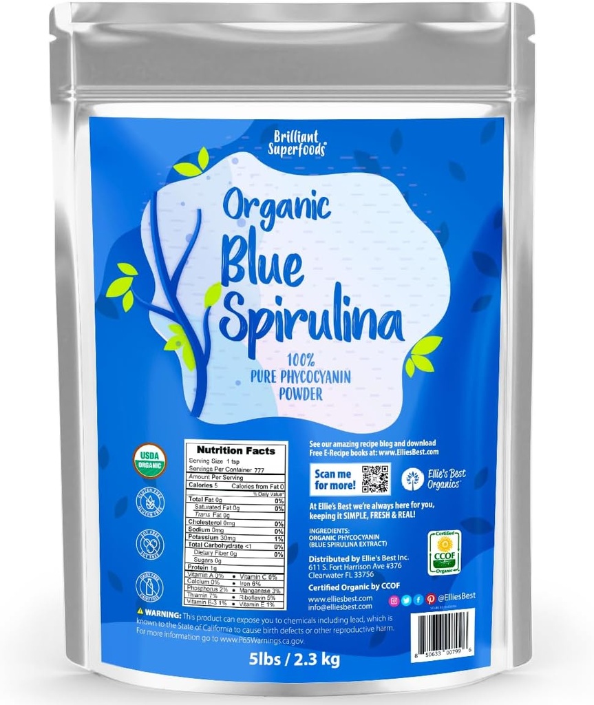 Organic Blue Spirulina Powder Superfood Supplement - 5LB Bulk - Odorless - Vegan, Ikke GMO, Gluten- fri, Dairy- fri, Brilliant Blue Food Farvelægning - Pure Water Extraded