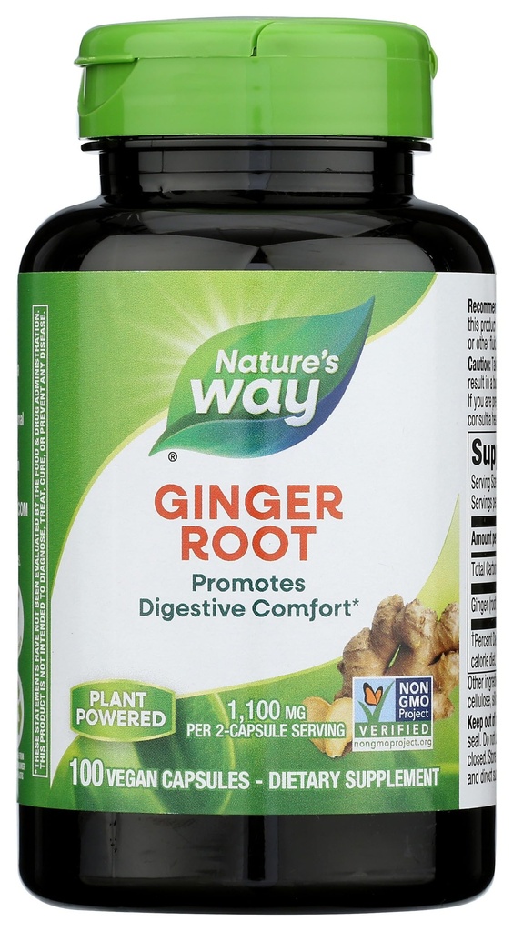 Nature 's Way Ginger Root, Promoes fordøjelseskomfort *, 1,100 mg Per 2-Capsule Serving, Non- GMO Project Verified, Vegan, 100 Kapsler