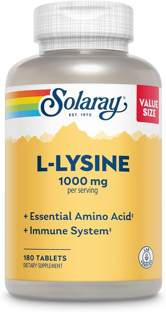 SOLARAY L- Lysin, Free- Form 1000 mg, Essential Aminosyreimmunsupporttillæg med vitamin C 1. 000 mg og Zink 25 mg, Value Size, Lab Verified, 60- Day Garanti, 60 Servering, 180 tabletter