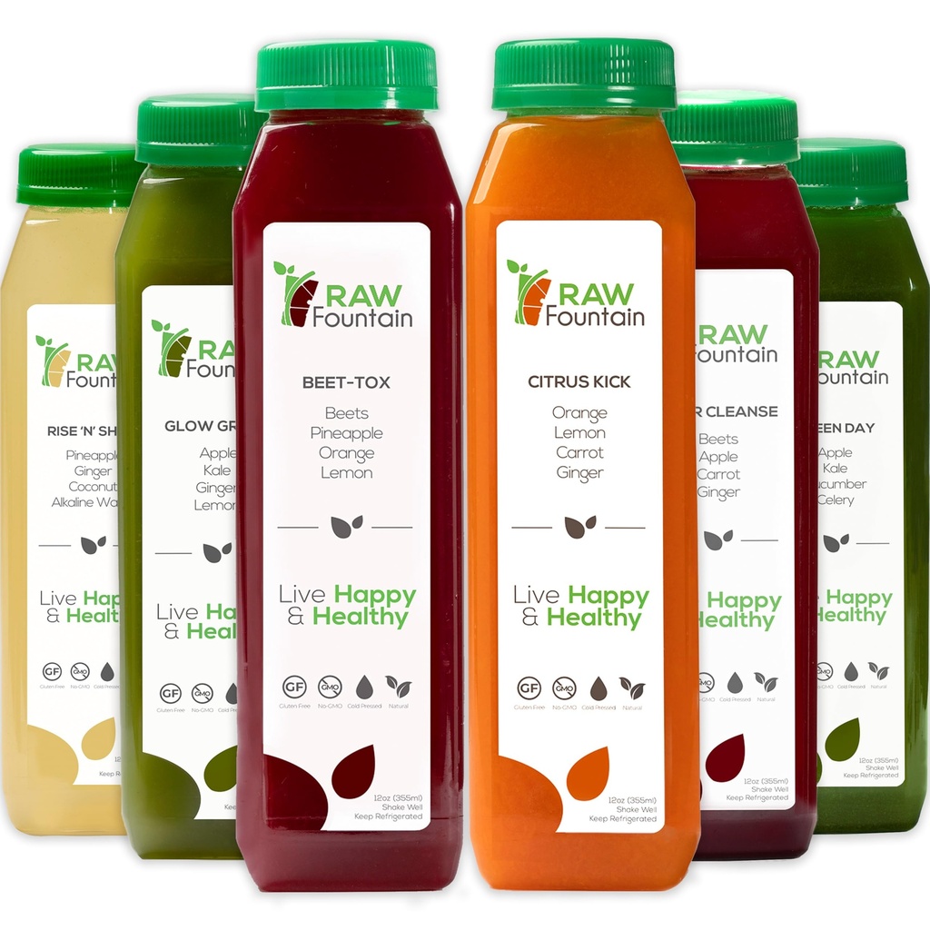 1 dag Juice rense af Raw Fountain, All Natural Raw Detox rense, Juicing for Body Reset, Cold Pressed Juice Fast, Great Way to Jumpstart a Sund Diet 6 Flasker 12oz, 3 Ginger Shots