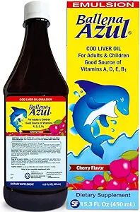 Ballena Azul Aceite de Hígado de Bacalao para Adultos y Niños, COD Leverolie til voksne og børn, Vitamin A, D, E, B1, Kosttilskud, Omega 3, Inmune System Boost, Cherry (Cherry 15 OZ)