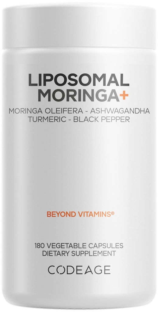 Codeage Liposomal Moringa + Supplement, 400mg Moringa 50: 1 Extract - 20,000mg Moringa Oleifera Leaf Ækvivalent - Gurkemeje, Ashwagandha, Black Pepper, 3- Month Supply, Vegan Moringa Powder - 180 Kapsler