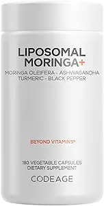 Codeage Liposomal Moringa + Supplement, 400mg Moringa 50: 1 Extract - 20,000mg Moringa Oleifera Leaf Ækvivalent - Gurkemeje, Ashwagandha, Black Pepper, 3- Month Supply, Vegan Moringa Powder - 180 Kapsler