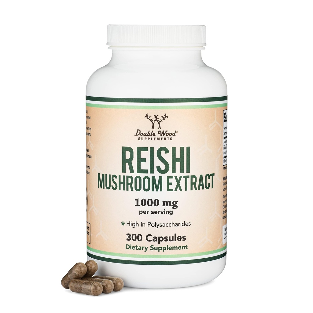 Reishi Mushroom Kapsler (4: 1 Ganoderma Extract, 1.000mg Red Reishi Powder Servere) 300 Greve, 5 Måned Supply, Potent Mushroom supplement til immunsystemet support og forsvar ved Double Wood