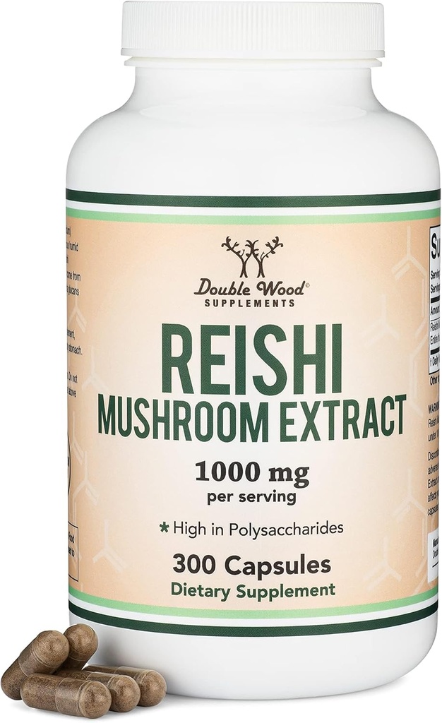 Reishi Mushroom Kapsler (4: 1 Ganoderma Extract, 1.000mg Red Reishi Powder Servere) 300 Greve, 5 Måned Supply, Potent Mushroom supplement til immunsystemet support og forsvar ved Double Wood