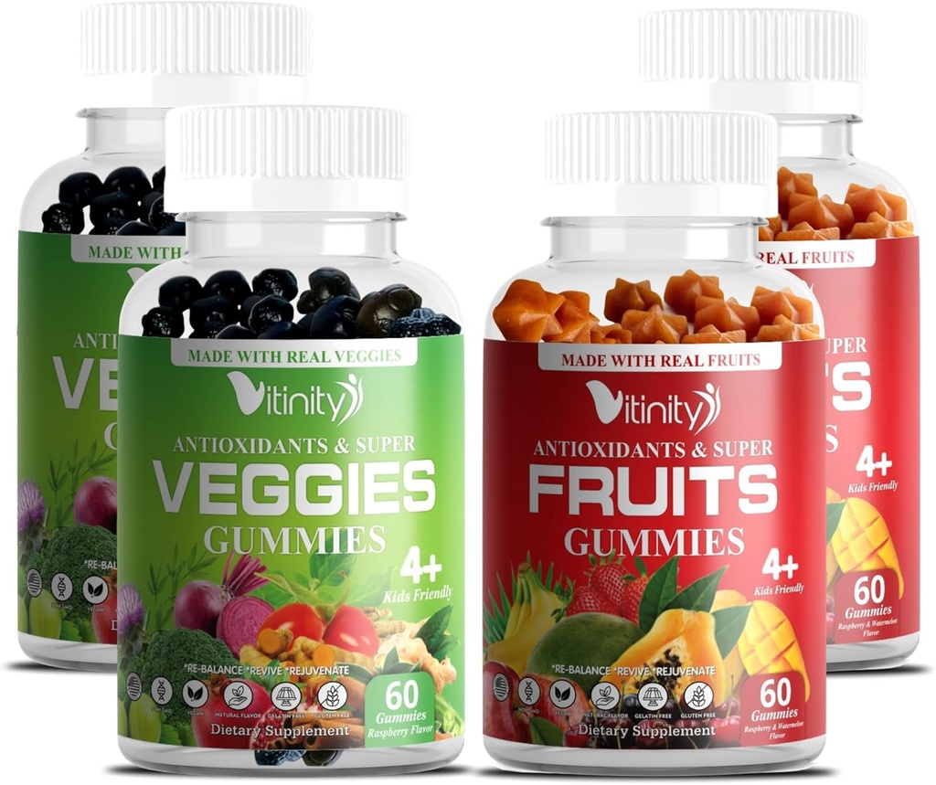 VITINITY Made with Real Fruit and Real Veggie Gummies - Superfood vegetabilsk vitamin supplement til kvinder, mænd & børn - med en blanding af frugt og grønne for daglig sundhed (60-dages levering)