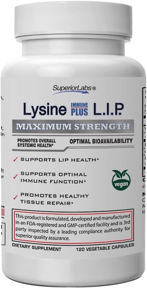 Superior Labs Lysin immunPlus Lip, klinisk proven Lip Health & Support, L- Lysin Bound til HCI for optimal stabilitet & Absorption for hurtige resultater, Bioactive with Zero Farmful Additives
