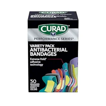 CURAD Performance Series IRONMAN Antibakterielle Bandages, Extreme Hold Adhesive Technology, Finger & Knuckle Bandages, Fleksible Fabric, Variety Pack med assorterede størrelser og farver, 50 Greve