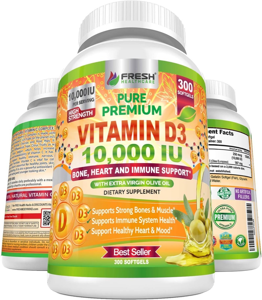 Fresh Healthcare Vitamin D3 10000 IE (250mcg) med ekstra jomfruolie - immunforsvar - 300 Softgels for Joints, Ben, Muscle & Mood Health - non-GMO-vitamin D supplement