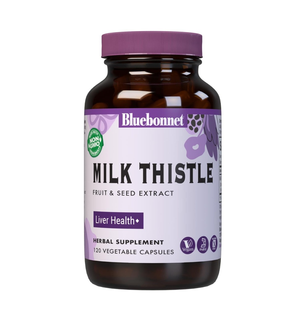 BlueBonnet Nutrition Milk Thistle Fruit & Seed Extract, Leversundhed *, Non- GMO, Vegan, Kosher Certified, Gluten- Free, Soy- Free, 120 Vegetabilske kapsler, 120 Servere
