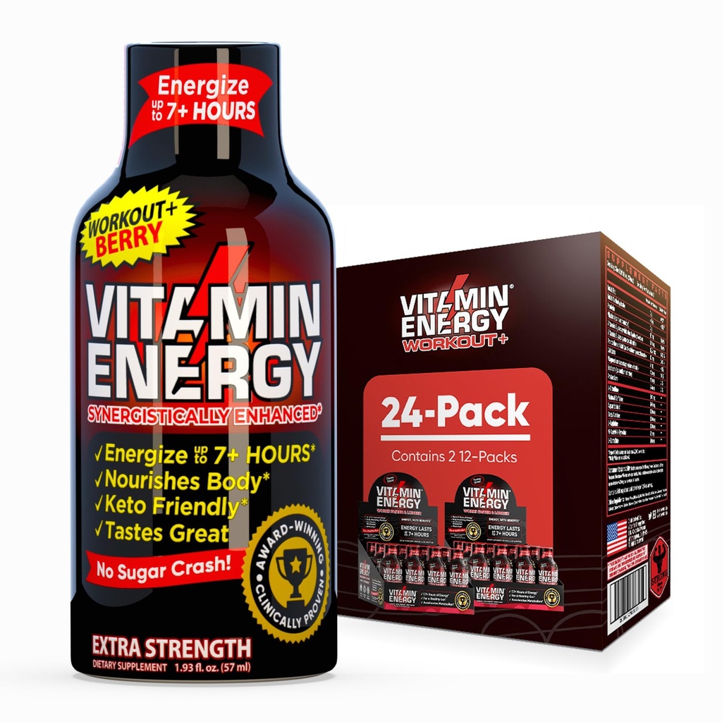 Vitamin Energy Workout + ekstra styrke Energi Shot Berry 24 Pack, 260mg Natural Coffein, Pre- Workout, B-Vitamin, Minerals, Endurance & Performance, Zero Sugar, Gluten- Free, Vegan, 1,93 fl oz