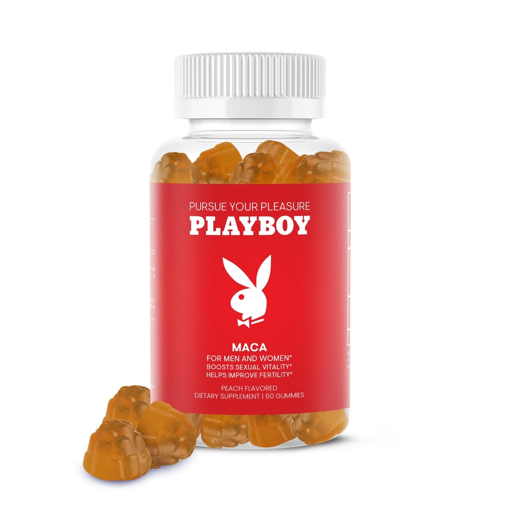 Playboy - Maca Root Gummies for Kvinder og Mænd (60 Greve - Peach Flavored) - Boost Seksuel Vitalitet, Libido, Fertilitet - Maca Gummies Supplement - 100% Natural, Vegan Non GMO - 4: 1 Extract Maca Peruana