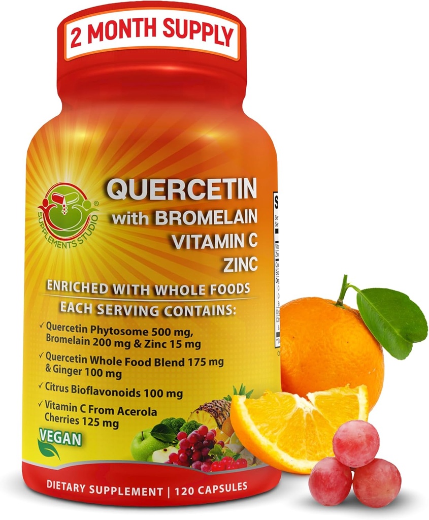 Quercetin med Bromelain C-vitamin og zink beriget med økologiske hele fødevarer - 1215mg per servering - Quercetin Phytosome 500mg kapsler med ingefær og flavonoider til immunforsvar - 120 Tæl