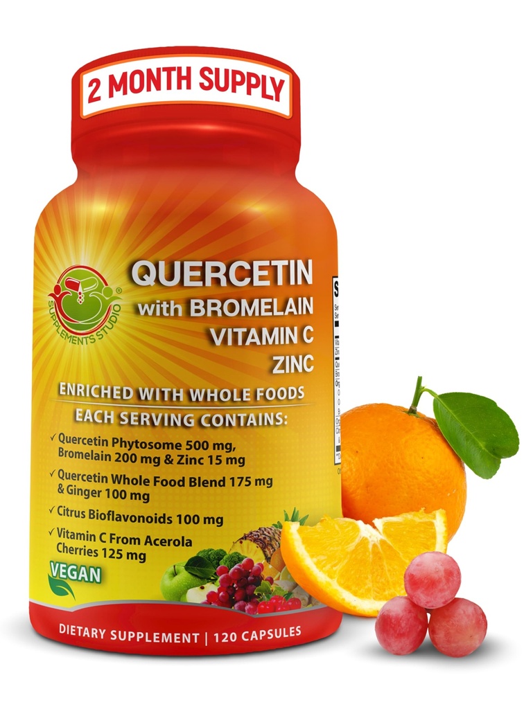 Quercetin med Bromelain C-vitamin og zink beriget med økologiske hele fødevarer - 1215mg per servering - Quercetin Phytosome 500mg kapsler med ingefær og flavonoider til immunforsvar - 120 Tæl
