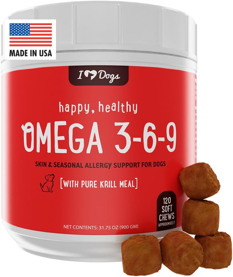 iHeartDogs Omega 3-6-9 for hunde - Hud og Coat Fish Oil supplement til hunde med ren antarktisk krill olie - Allergi & Itchy Hud Relief tygge, 120 Tæl