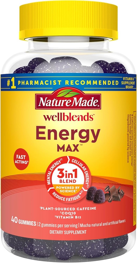 Nature Made Wellblends EnergyMAX Gummies, Hurtig fungerende koffein, CoQ10 & Vitamin B12 1000mcg, Energistøtte Gummy Vitamin, 40 Gummies