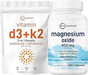 Micro Ingredients Vitamin D3 5,000iu + K2 100mcg Softgels & Magnesium Oxide 400mg Bundle Pack Removal 124; Essential Sunshine Vitamin Removal 124; Elemental Form for Max Concentration