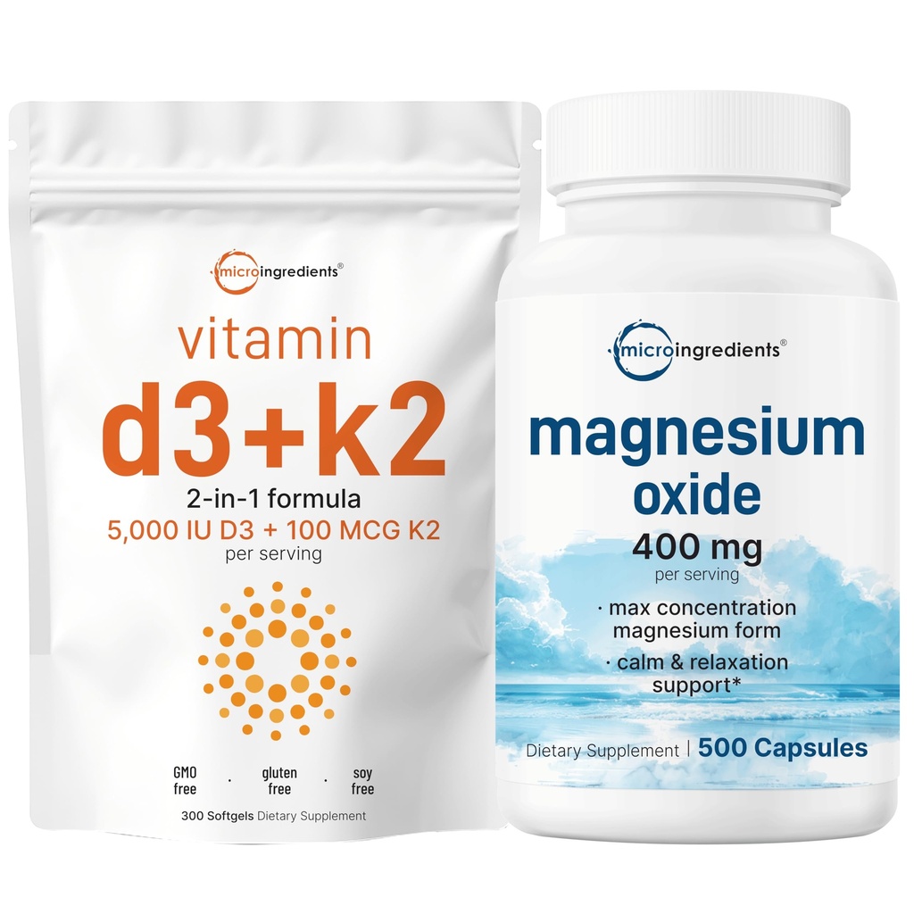 Micro Ingredients Vitamin D3 5,000iu + K2 100mcg Softgels & Magnesium Oxide 400mg Bundle Pack Removal 124; Essential Sunshine Vitamin Removal 124; Elemental Form for Max Concentration