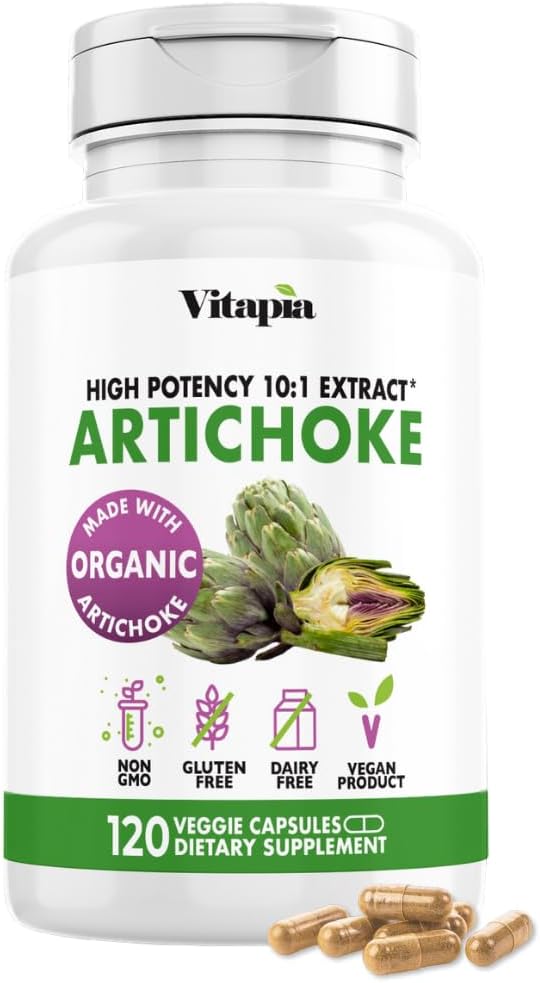 Vitapia Organic Artichoke Extract Supplement - Lever Rengøring Detox & Reparation, Lever sundhed, fordøjelse, Antioxidant Support - 120 Veganske kapsler, Ikke GMO, Gluten Free