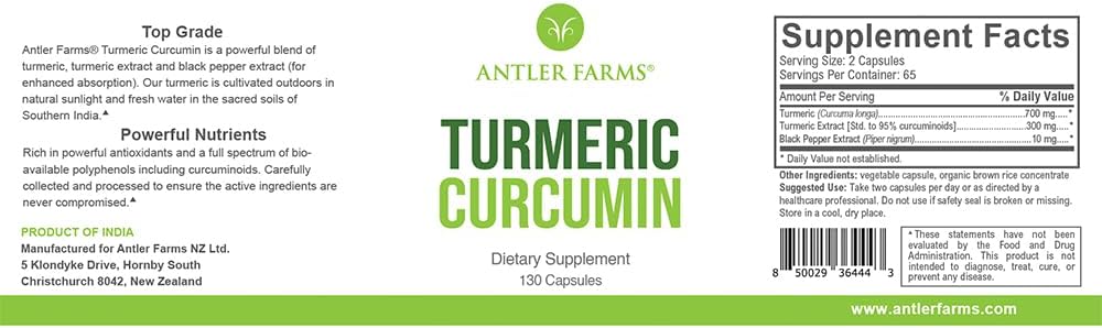 Antler Farms - 100% Pure Gurkemeje Curcumin, 130 Kapsler, 95% Curcuminoids & Black Pepper Extract, Forbedret Absorption - Vegan, Non GMO, No Gluten, Soy eller Dairy