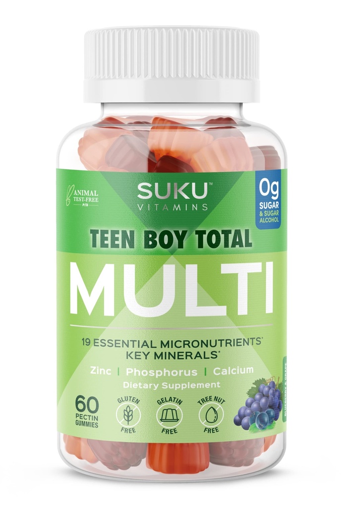 SUKU Teen Boy Multivitamin Gummies - Vitaminer A, B12, C, D3, E, Zink & Biotin - Sugar- Free Vegetar Supplement for Energy, Growth, Immunum & Bone Health - Grape Flavor - 60 Count