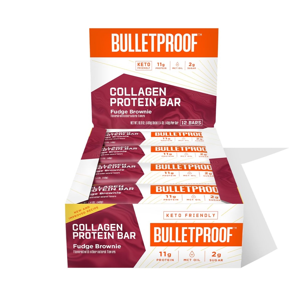 Bulletproof Fudge Brownie Collagen Protein Bars, Pack of 12, Keto-Friendly Snack med MCT Oil, Grass- fed Collagen, Ingen tilsat sukker