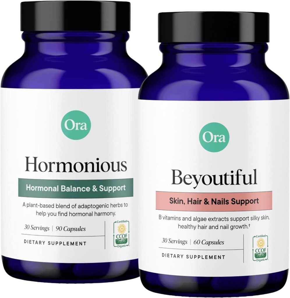 Ora Organic BeYouTiful & Hormone Balance Bundle: Natural Beauty & Wellness Essentials for Women, 60 Vegan Kapsler med B Vitamin + 90 Kapsler Formuleret med Ashwagandha og meget mere.