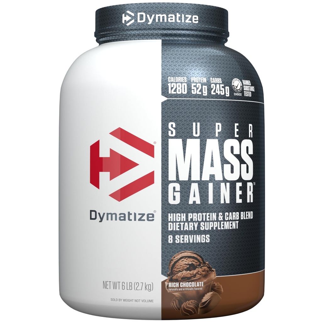 Dymatisere Super Mass Gainer Protein Powder, Rich Chocolate, 52g Protein, 1g Creatin, 1280 Kalorier, 10.7g BCAA, 245g Carbs, Indeholder Whey Protein Powder, Isolate, og Casein (8 Servere)