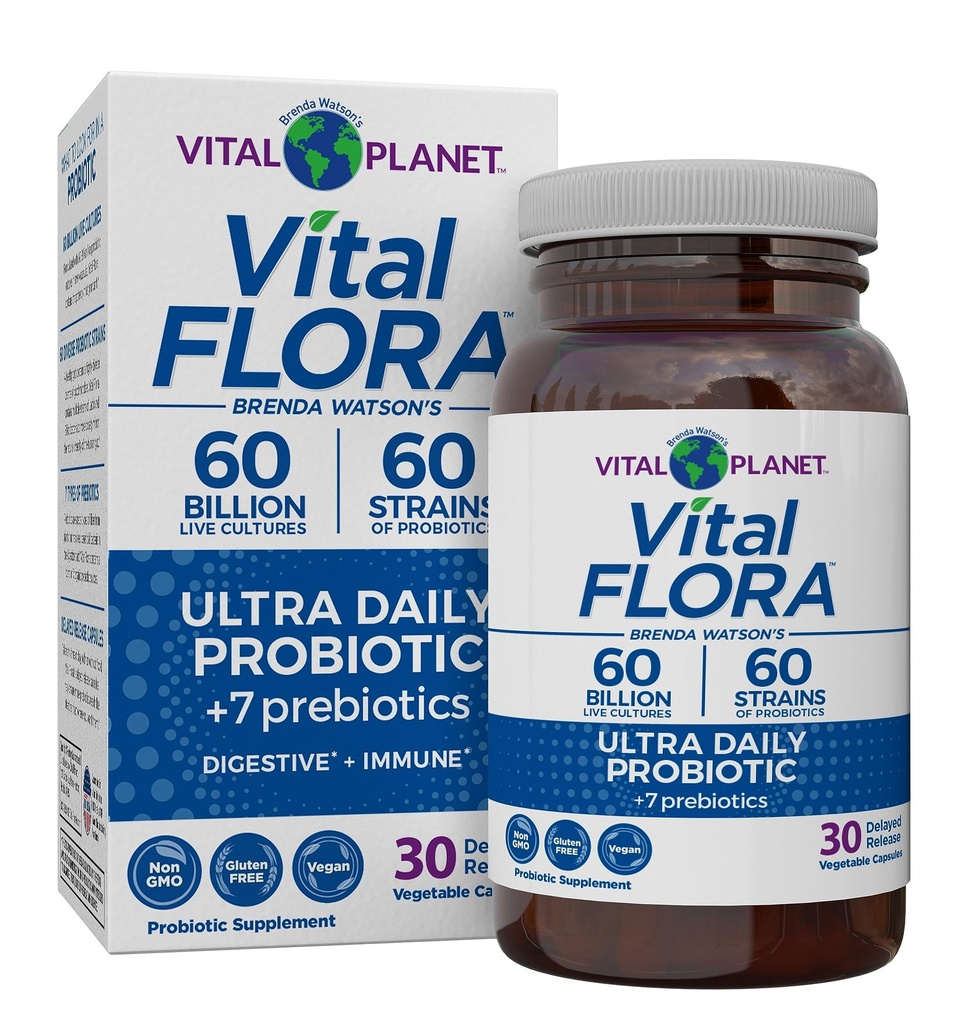 Vital Planet - Vital Flora Ultra Daily Probiotic 60 Millioner CFU, Diverse Strops, Organic Prebiotics, Immunsupport, Bloating Relief, fordøjelsesprobiotika for kvinder og mænd 30 Kapsler