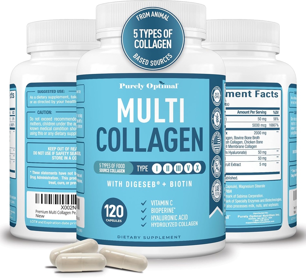 Premium Multi Collagen Peptider (type I, II, II, V, X) - Collagen piller til hudpleje, hårvækst, negle & Joints - C-vitamin, hyaluronsyre, biotin, gluten fri - 120 Collagen kapsler