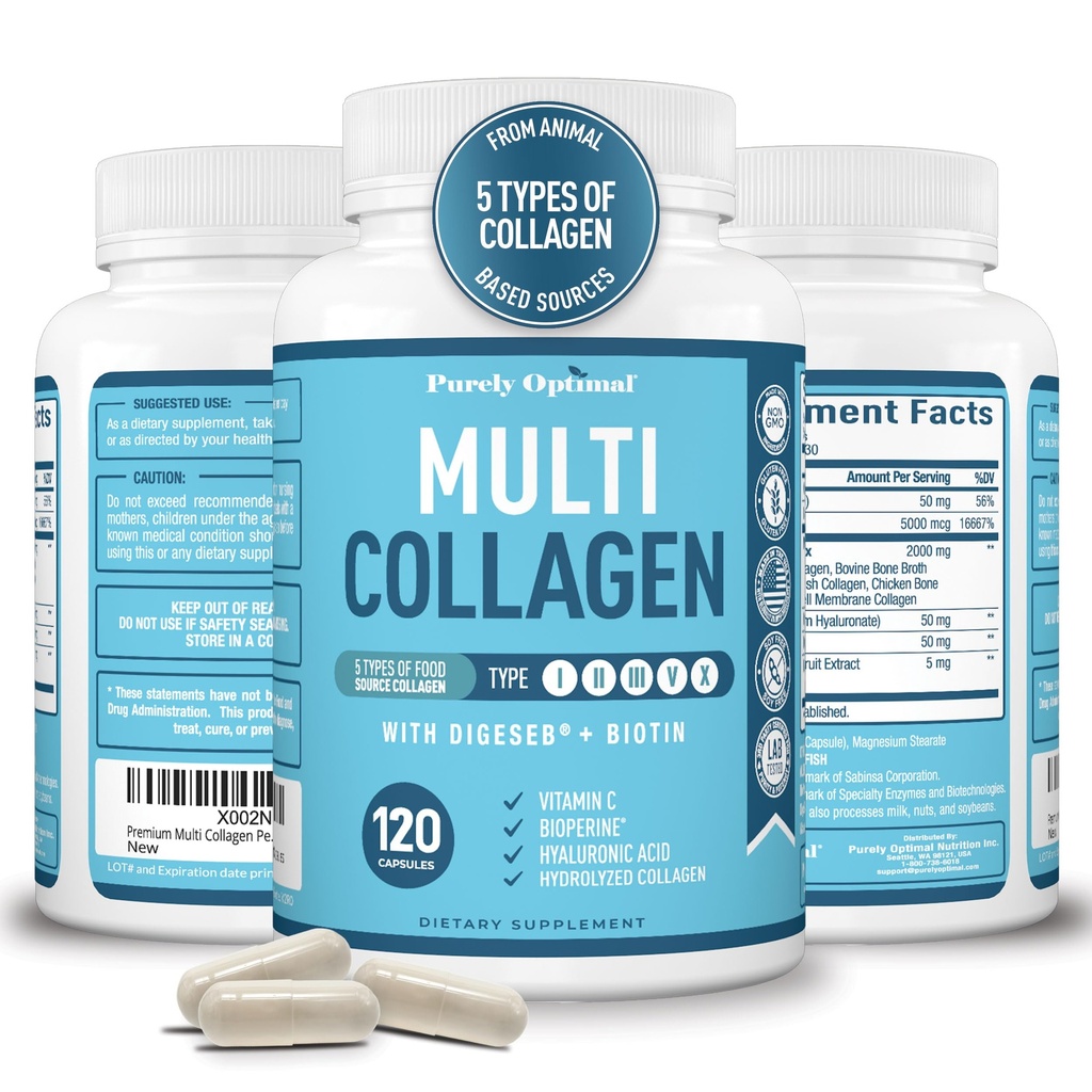 Premium Multi Collagen Peptider (type I, II, II, V, X) - Collagen piller til hudpleje, hårvækst, negle & Joints - C-vitamin, hyaluronsyre, biotin, gluten fri - 120 Collagen kapsler