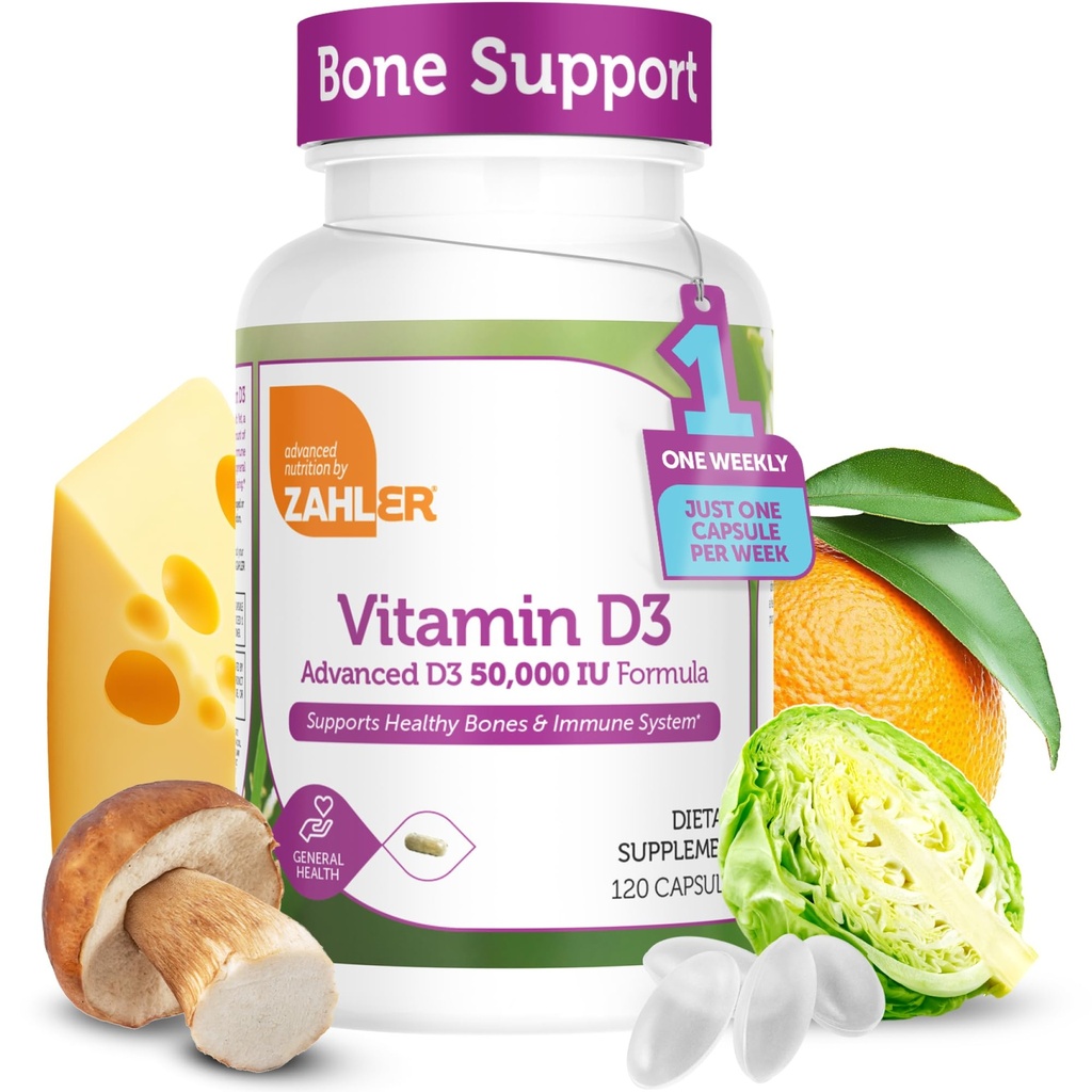 Zahler - Advanced Vitamin D3 50000 IE kapsler (120 Greve) Kosher Vegetarisk Friendly D for immunforsvar, ben, tænder og muskelsundhed - Ugentlig D3 Vitamin Supplement- Easy Swallow Vitamin D3.