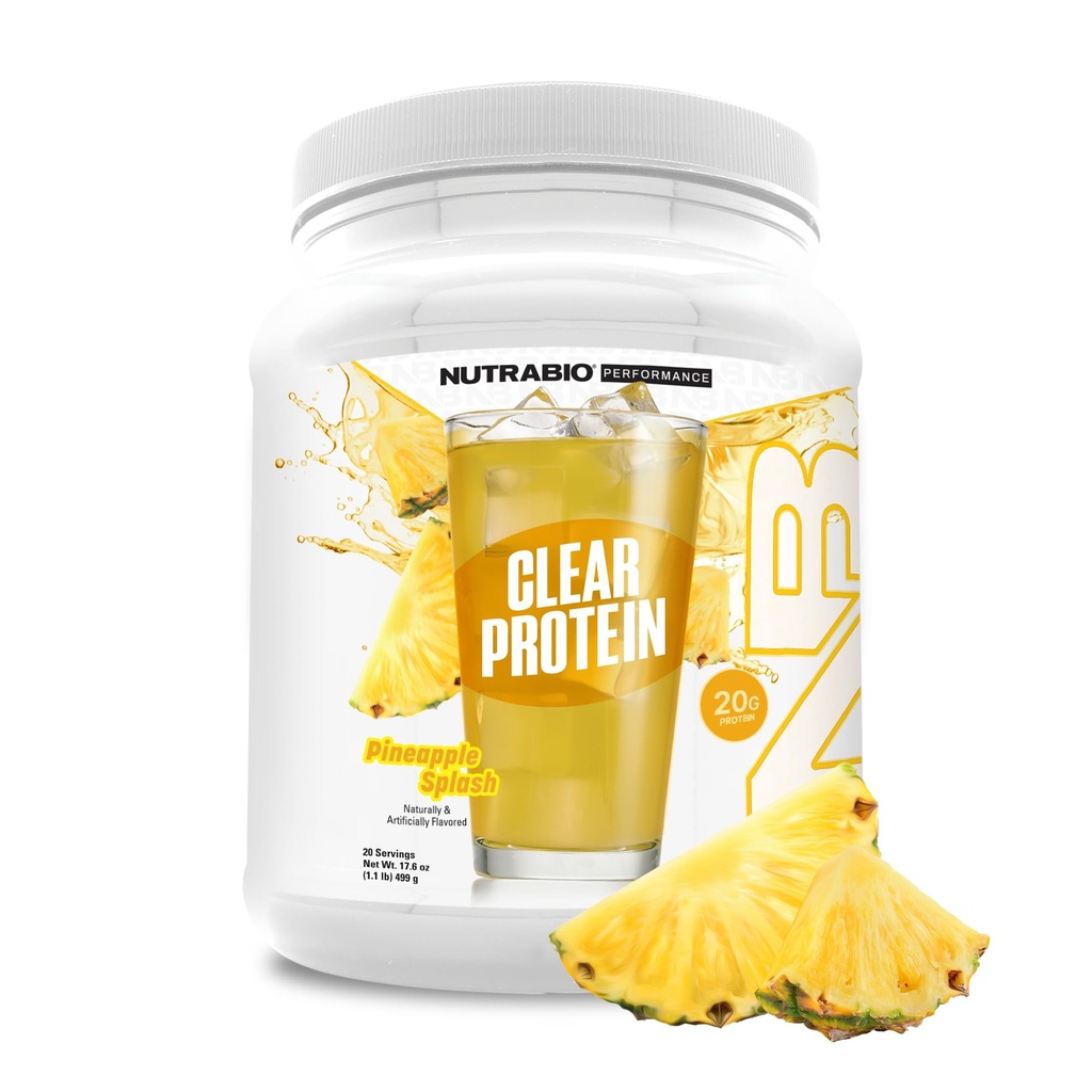 Nutrabio Clear Protein Powder, Ananas Splash - 20 Serveringer, 20g Clear Whey Protein Isolate, 0 Sukker, 0g lactose, Forfriskende frugtsmag, GLP1 Support - Knoglesundhed - Muskel Post Workout Inddrivelse