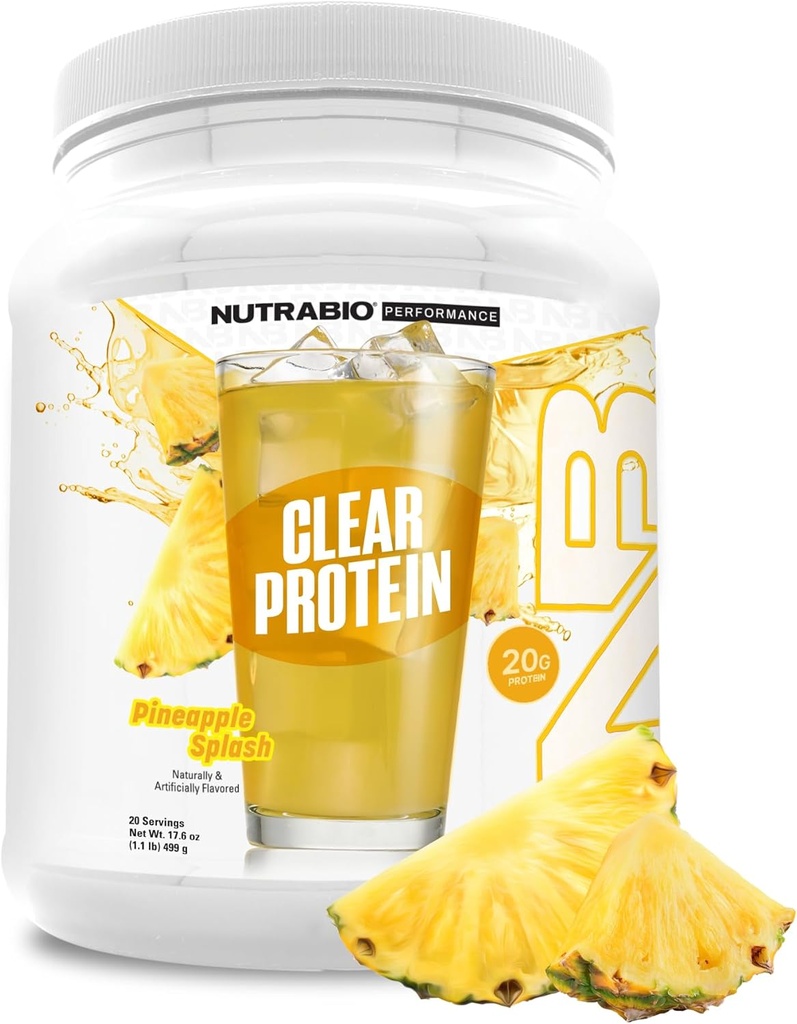 Nutrabio Clear Protein Powder, Ananas Splash - 20 Serveringer, 20g Clear Whey Protein Isolate, 0 Sukker, 0g lactose, Forfriskende frugtsmag, GLP1 Support - Knoglesundhed - Muskel Post Workout Inddrivelse