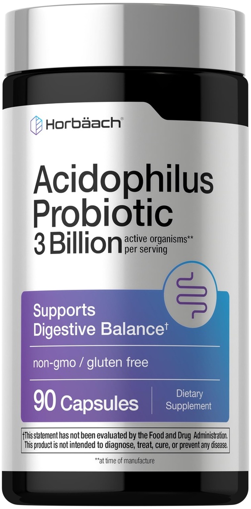 Horbäach Probiotic for Women & Men's Digestive Health | 3 Billion CFU | 90 Capsules | Non-GMO & Gluten Free