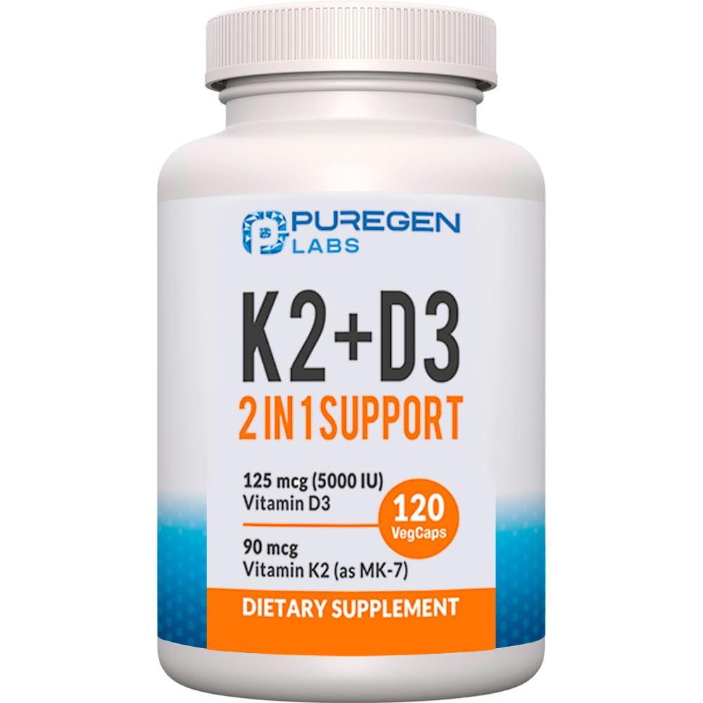 2 i 1 High Potency Formel 90mcg Vitamin K2 (MK7) og 5000 IE D3 Vitamin Supplement I Non- GMO Formel, Let at synke D & K Vitamin Complex, 120 Kapsler I 4- Måned Supply