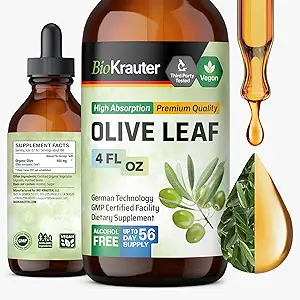 BIO KRAUTER Olive Leaf Extract Liquid - Olive Leaf Tinktur til immunstøtte - Alkohol og sukker fri - Vegansk dråber 4 Fl.Oz.