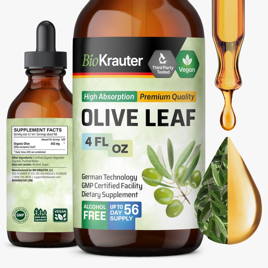 BIO KRAUTER Olive Leaf Extract Liquid - Olive Leaf Tinktur til immunstøtte - Alkohol og sukker fri - Vegansk dråber 4 Fl.Oz.