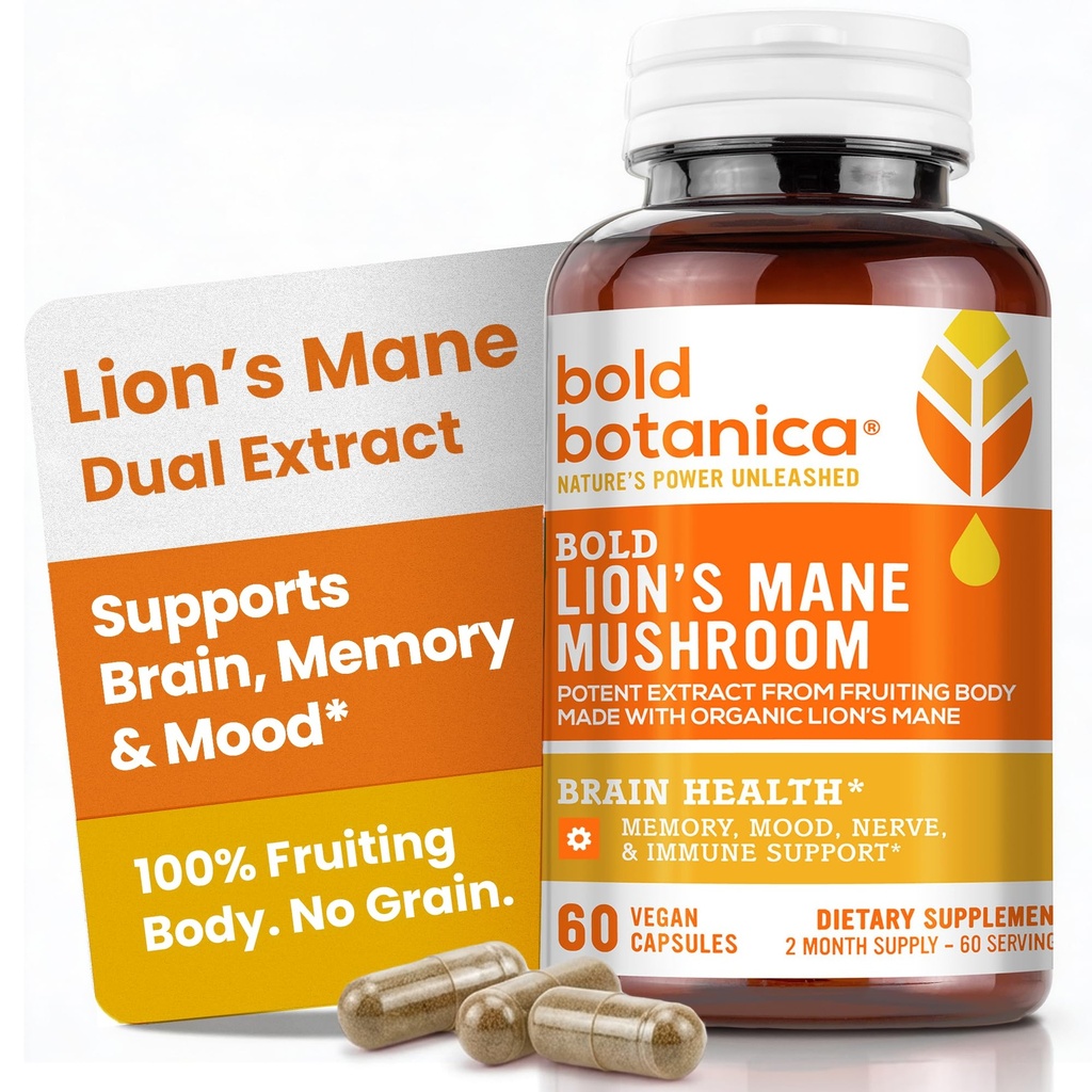 Fed Botanica Lions Mane Mushroom Capsules - 100% Fruiting Body - Koncentreret Organic Lions Mane Extracts - Nootrop Brain Health - Hukommelse, Mood, immunforsvar - 60 Veganske Kapsler